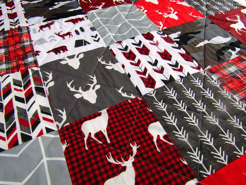 Rustic Buck Bear Antler Woodland Baby Quilt Red Minky Plaid Baby Bedding Camo Gray Hunting Baby Blanket Modern Boy Arrows