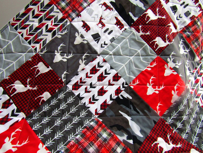 Rustic Buck Bear Antler Woodland Baby Quilt Red Minky Plaid Baby Bedding Camo Gray Hunting Baby Blanket Modern Boy Arrows