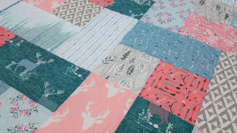 Arrows Modern Crib Bedding Pink and Blue Nursery Woodland Baby Girl Quilt Antlers Feathers Homemade Quilted Baby Blanket Buck