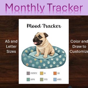 May include: A printable mood tracker featuring a pug dog sitting in a dog bed. The tracker includes a color key with different moods: energetic, OK, sad, happy, tired, and angry. The text "Mood Tracker" is at the top of the page. The text "A5 and Letter Sizes" is on the left side of the page. The text "Color and Draw to Customize" is on the right side of the page.