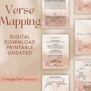 May include: Printable digital download worksheet with a watercolor background. The worksheet is titled "Verse Mapping" and includes sections for Scripture Reference, Key Words, Cross-References, Historical/Contextual Insights, and Application. The worksheet is designed to help users study and understand scripture.