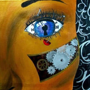 以下が含まれることがあります： 時計の文字盤を虹彩にした、描かれた目のクローズアップ。目は金色の絵の具と一連の歯車で囲まれています。背景は白く渦巻く黒です。