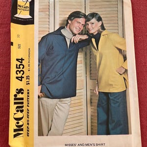 May include: Vintage McCall's sewing pattern for Misses' and Men's shirts, size 10. The pattern cover features a man in a navy blue shirt and a woman in a yellow shirt. The pattern is labeled "4354" and includes the price.
