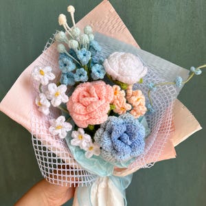 Handmade Crochet Flower Bouquet: Blue, Pink, & Rose Yarn