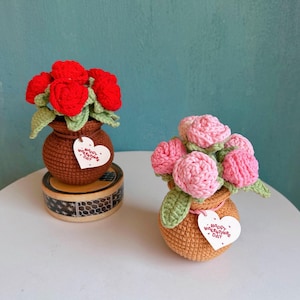 May include: Two crocheted flower arrangements. One features red roses, the other pink roses, both in brown crocheted pots with green leaves. Each pot has a heart-shaped tag that reads "Happy Valentine's Day". The arrangements sit on a white surface.
