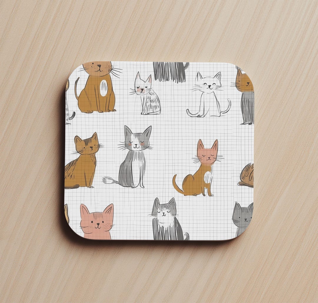 Cats Hand Drawn Set of 4 Coasters Abstract Retro Minimalist Modern ...