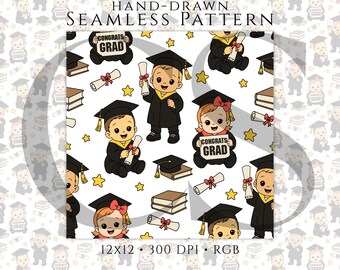 Graduation Baby Seamless Pattern PNG, Hand-Drawn Digital Paper (Transparent Background)