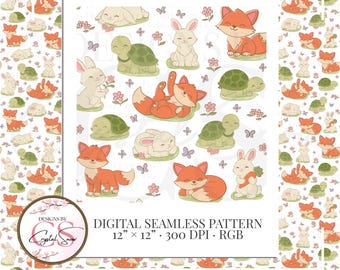 Woodland Animals Seamless Pattern, Storybook Garden Nursery Fabric Design (PNG)