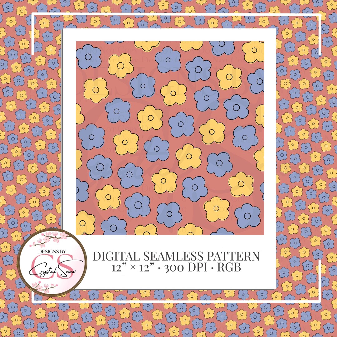 70s Retro Daisy Seamless Pattern | Coral, Blue & Mustard (PNG Digital ...