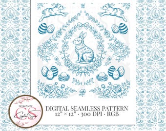 Vintage Blue Easter Bunny Toile Pattern | Cottagecore Spring Floral Seamless Digital Paper