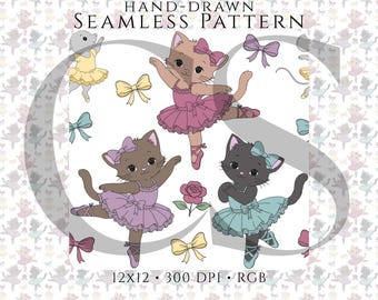 Ballerina Cat Seamless Pattern PNG, Ballet Kitten Digital Paper, Cute Mouse Bow Fabric, Dance Nursery Print