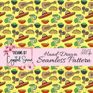 May include: A seamless pattern featuring a variety of Mexican-themed illustrations, including sombreros, maracas, guitars, tacos, limes, and guacamole. The pattern is set against a bright yellow background.