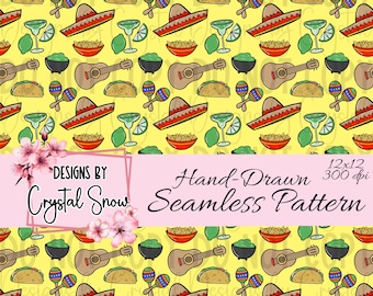 Cinco de Mayo Seamless Pattern | Fiesta Mexican Food Tile | Tacos Margaritas Maracas Digital Paper