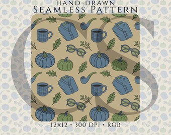 Masculine Fall Seamless Pattern PNG, Cozy Autumn Digital Paper, Blue Pumpkin Coffee Fabric, Vintage Preppy Fall Design