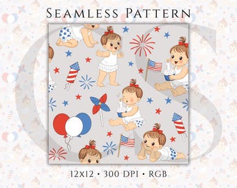 4th of July Baby Seamless Pattern, Patriotic First Birthday Digital Paper (PNG)