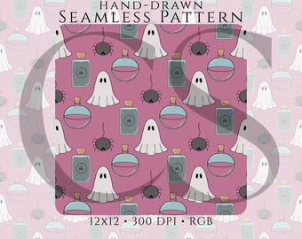 Cute Ghost Halloween Seamless Pattern PNG, Pink Spooky Potion Digital Paper, Spider Fabric Design, 12x12 Repeat