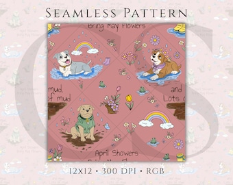 Pitbull Spring Seamless Pattern, April Showers Rainbow Floral (PNG Download)