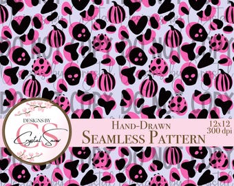 Cheetah Halloween Seamless Pattern: Pink Skulls, Pumpkins (12x12 PNG Digital Download