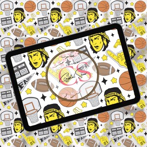 May include: A digital tablet displays a repeating pattern of sports-themed icons including basketballs, hoops, scoreboards, footballs, whistles, foam fingers, and yellow headbands with the text Apaches, overlaid with a circular logo reading Designs by Crystal Snow.