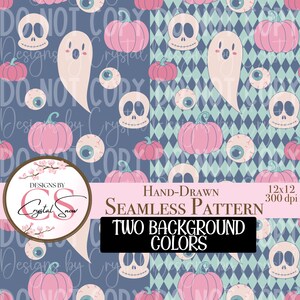 May include: Seamless Halloween pattern with pink pumpkins, skulls, eyeballs, and ghosts on two background colors. The text reads "Hand-Drawn Seamless Pattern Two Background Colors". The design is 12x12 inches at 300 dpi.