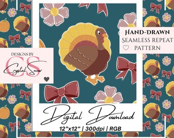 Thankful Turkeys & Pumpkins Seamless Digital Paper | Fall Thanksgiving Pattern PNG | Autumn Craft Background