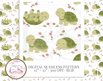 Woodland Turtle Seamless Pattern | Storybook Nursery Digital Paper (12x12 300 DPI PNG)