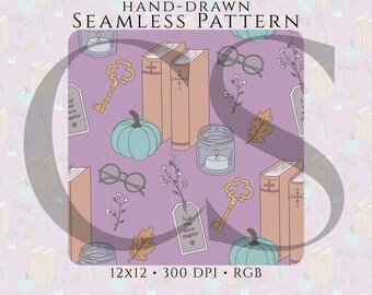 Book Lover Fall Seamless Pattern PNG, Cozy Reading Digital Paper, Autumn Books Fabric, Pumpkin Library Print