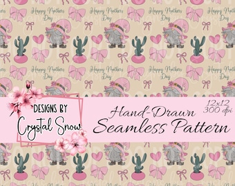 Mother's Day Gnome Seamless Pattern: Hand-Drawn Cactus & Bow PNG (12x12 Digital Download