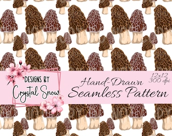 Morel Mushroom Seamless Pattern: Hand-Drawn Woodland PNG Tile (12x12in Digital Download