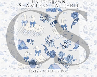 Blue Toile Goose Pattern Fabric, French Country Floral Farmhouse Decor (Digital Download)