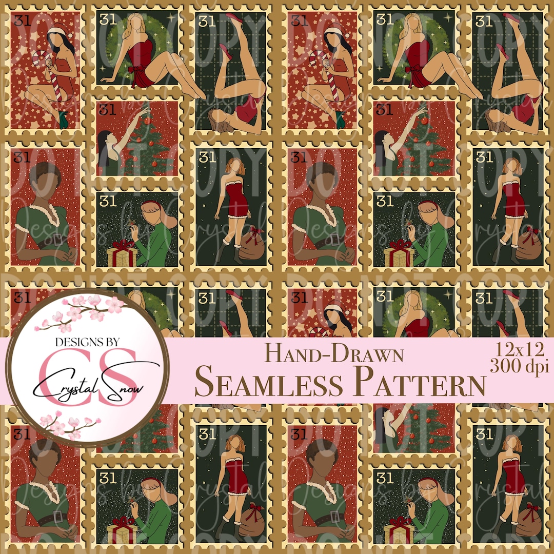 Vintage Christmas Pin-up Pattern: Retro Holiday Stamps (PNG Digital ...