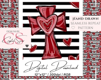 Striped Cross of Love Seamless Pattern | Valentine Cross Hearts | Hand Drawn 12x12 Digital Paper