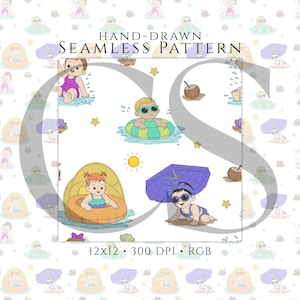 May include: A hand-drawn seamless pattern featuring cartoon babies at the beach. The babies are wearing swimsuits and sunglasses, with beach umbrellas, inner tubes, and coconuts. The text "HAND-DRAWN SEAMLESS PATTERN" is at the top.
