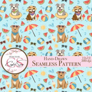 Pode incluir: Um padrão sem costura com cães de desenho animado, óculos de sol, bolas de praia, fatias de melancia, cones de sorvete e sóis em um fundo azul claro. O padrão inclui o texto "Hand-Drawn Seamless Pattern".