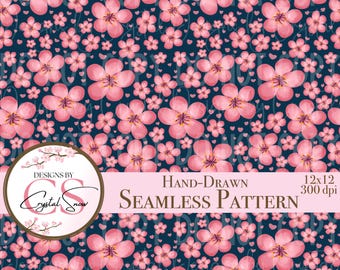 Cherry Blossom Seamless Pattern PNG | Pink Floral Digital Paper | Spring Sublimation, Fabric, Stickers & Crafts