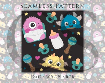 Baby Monster Seamless Pattern, Playful Nursery Design, Kids Fabric PNG (12x12)