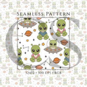 May include: Seamless pattern featuring cartoon aliens in spaceships, wearing pacifiers and clothes. The design includes planets, stars, and the text "SEAMLESS PATTERN". The image dimensions are 12x12 inches at 300 DPI.