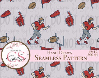 Vintage Red Football Seamless Pattern | Hand-Drawn Sports Background for Fabric, Scrapbooking, Sublimation & DIY Crafts