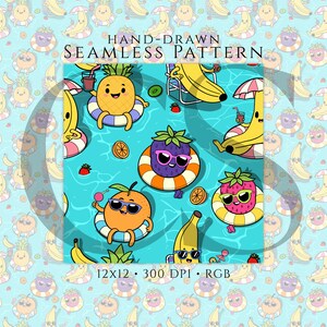 May include: A hand-drawn seamless pattern featuring cartoon fruits like pineapples, bananas, strawberries, and oranges, all wearing sunglasses and floating in inner tubes in a pool. The text "HAND-DRAWN SEAMLESS PATTERN" is at the top. The image also includes the text "12X12 • 300 DPI • RGB".