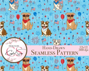 Patriotic Bulldog Seamless Pattern – 4th of July Digital Paper (PNG)