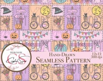 Pastel Halloween Seamless Pattern | Hand-Drawn Patchwork (PNG)