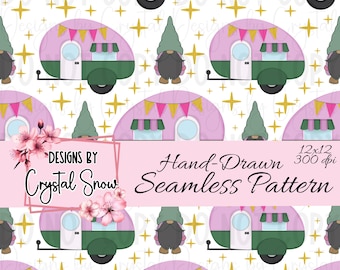 Camping Gnome Digital Paper: Retro Camper Seamless Pattern (12x12 PNG)