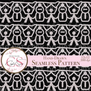 Peut inclure: Motif de motif sans couture avec des figures stylisées blanches répétées sur fond noir. Le motif comprend le texte "HAND-DRAWN SEAMLESS PATTERN" et "12x12 300 dpi".