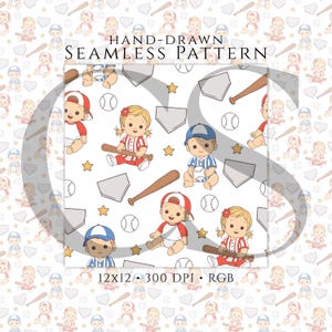 Puede incluir: Un patrón sin costuras con bebés de dibujos animados y elementos de béisbol. El diseño incluye pelotas de béisbol, bates, bases y estrellas. El texto "HAND-DRAWN SEAMLESS PATTERN" se muestra en la parte superior. También está presente el texto "12x12 300 DPI RGB".