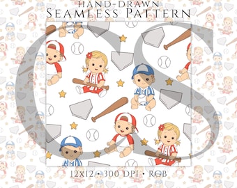 Hand-Drawn Baseball Baby Seamless Pattern PNG, Sports Digital Paper (12x12) with Transparent