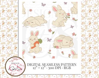 Bunny Garden Seamless Pattern, Easter Spring Animal Fabric Design (PNG, 12x12, 300 DPI)