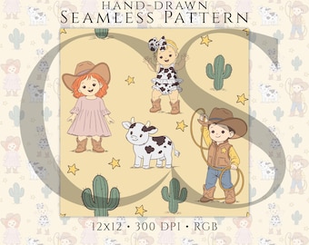 Western Baby Seamless Pattern PNG, Cowgirl Cowboy Kids Rodeo Print (Transparent Background) Digital Download