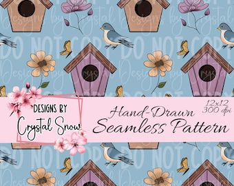 Birdhouses & Blossoms Seamless Pattern: Hand-Drawn Spring Tile (PNG Download 12x12in
