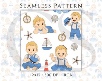 Baby Boy Nautical Seamless Pattern, Sailboat Fabric Design, Lighthouse Ocean Digital Paper