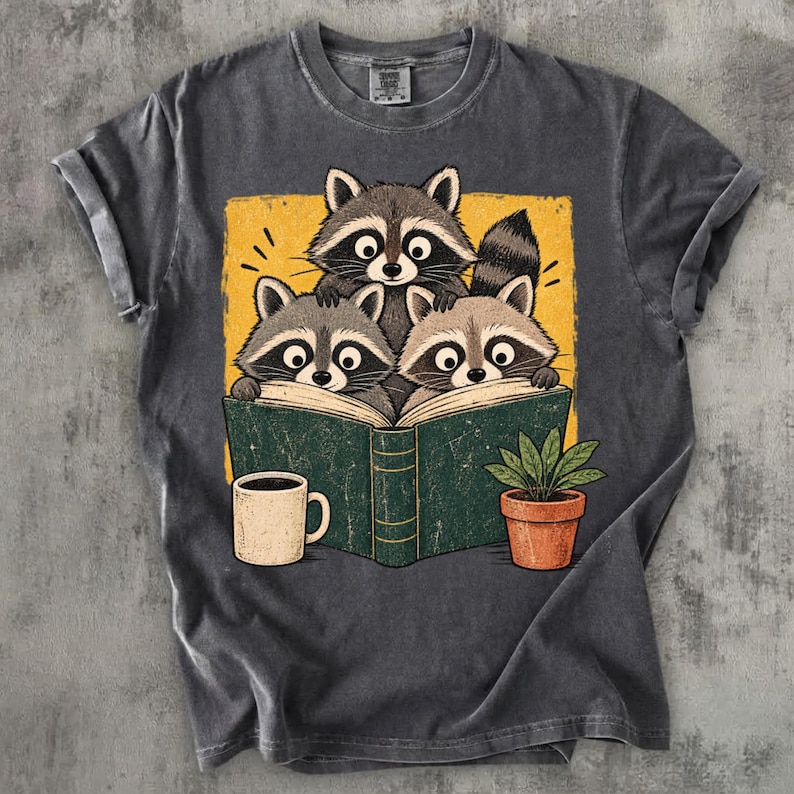 Three Curious Raccoons Reading Book T-shirt | Coffee & Plant ...